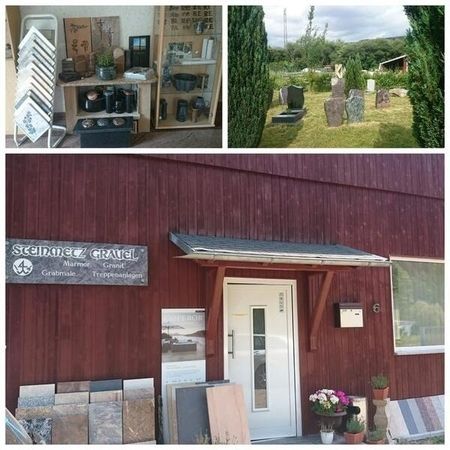 Collage aus drei Bildern des Geländes der Steinmetz Grauel Naturstein GmbH - Kaulsdorf